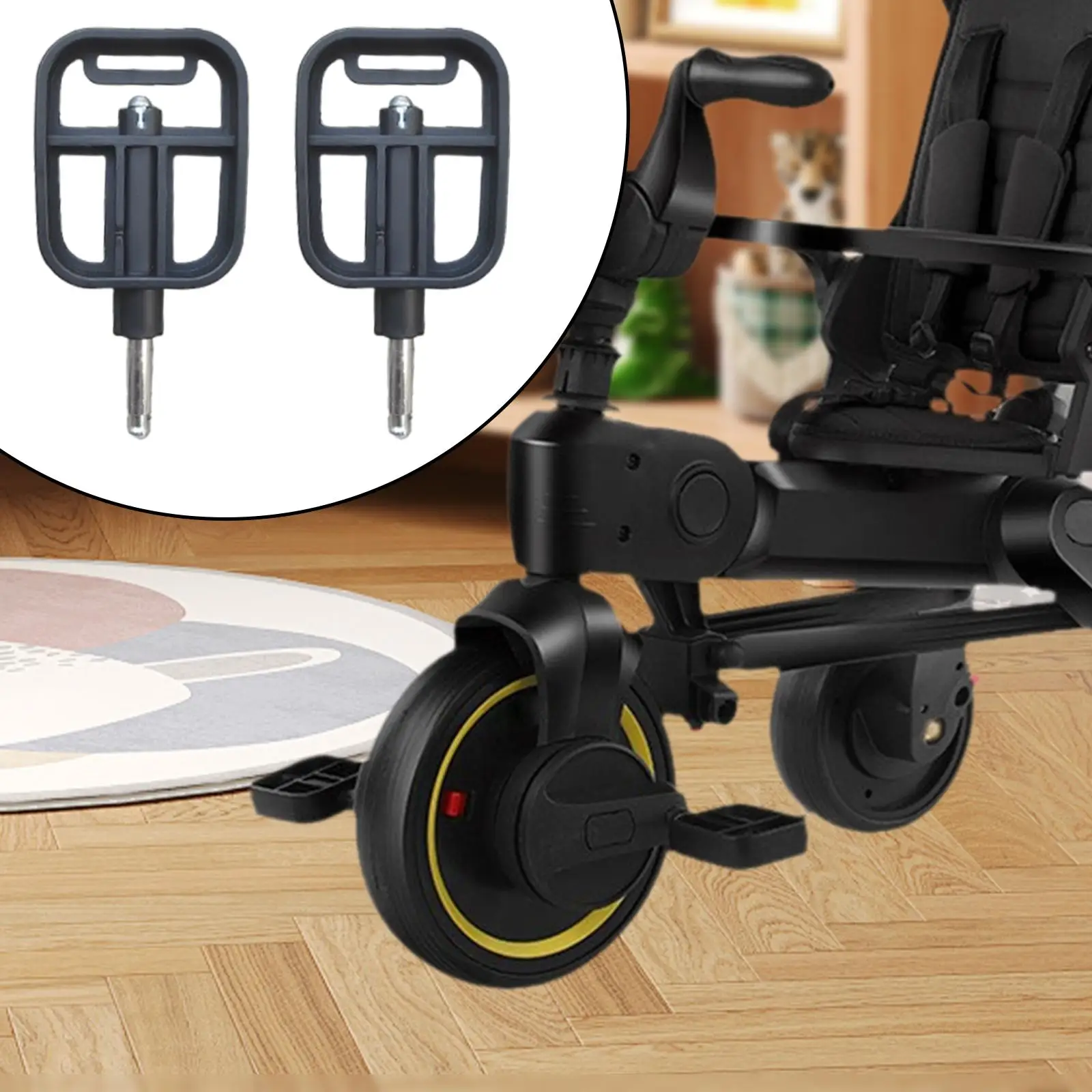 Accessoire roues poussette déambulateur en plastique noir jaune montage
