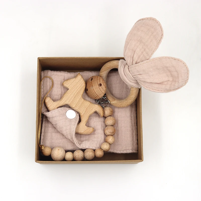 Coffret cadeau jouets bébé 4 pièces anneau dentition jouet bois couverture sécurité gift newborn fille garçon 