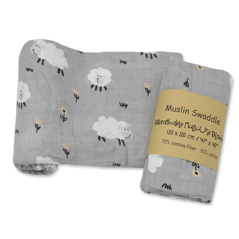 Couverture bébé swaddle 120x120cm mousseline bambou coton design moutons fleurs univers doux hypoallergénique 