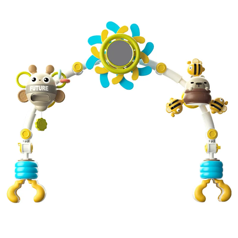 Mobile éveil bébé 3en1 animaux suspensions miroir jaune bleu vert 012