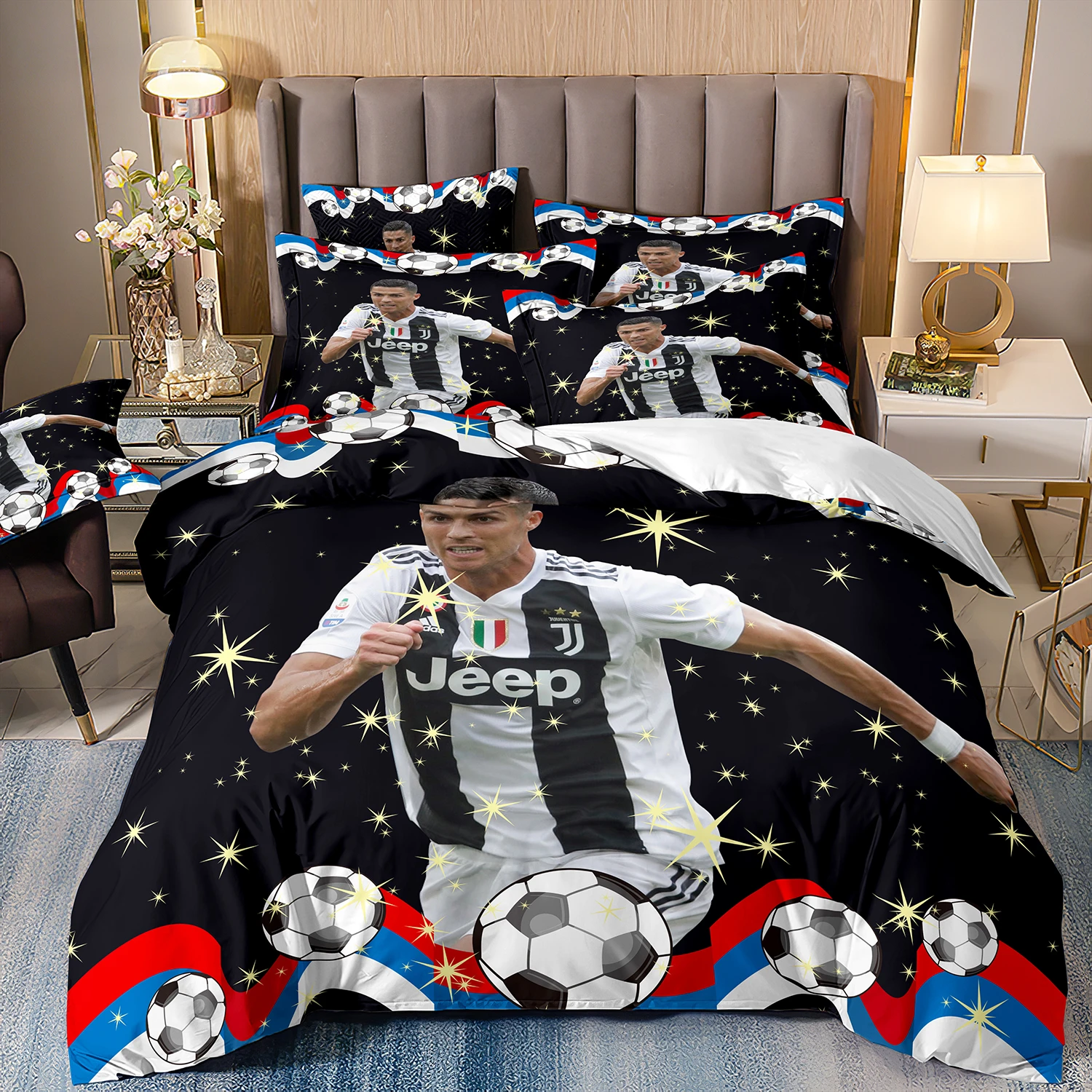 Ensemble de literie étoiles de football Cristiano Ronaldo housse de couette taies d'oreiller design sportif mo