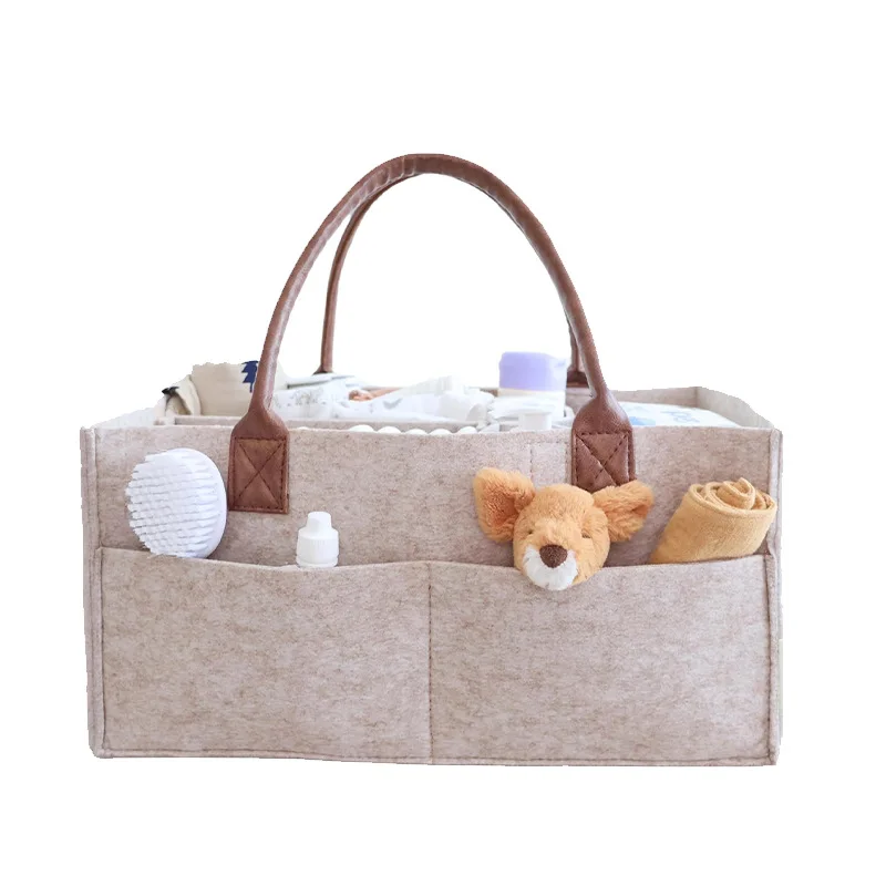 Panier de rangement en feutre bébé sac à couches组织eurs poignée en similicuir poches extérieures design moderne
