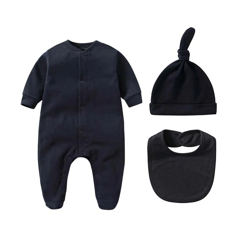 Ensemble 3 pièces bébé garçon fille combinaison à manches longues 100% coton bonnet et bavoir tenue printemps 