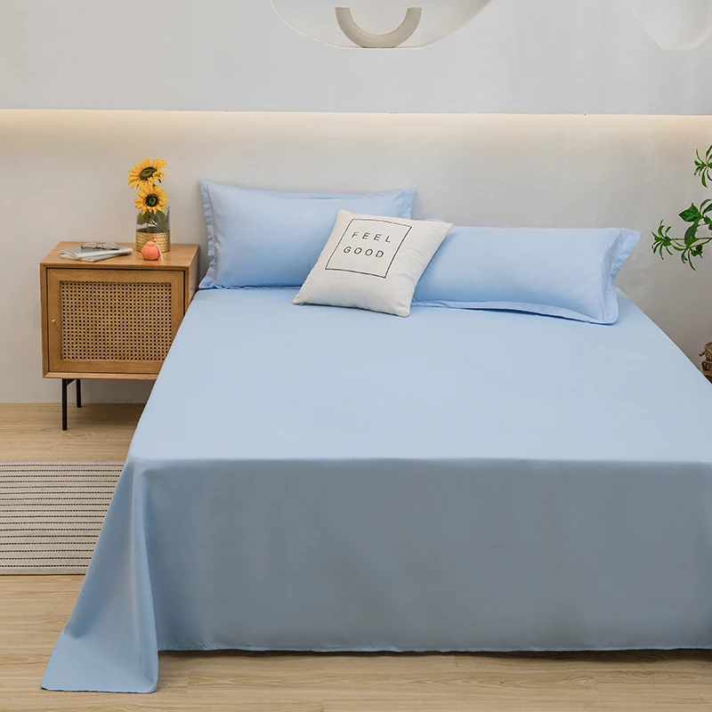 Draps de lit doux pour bébé drap plat en polyester 100% uni bleu ciel