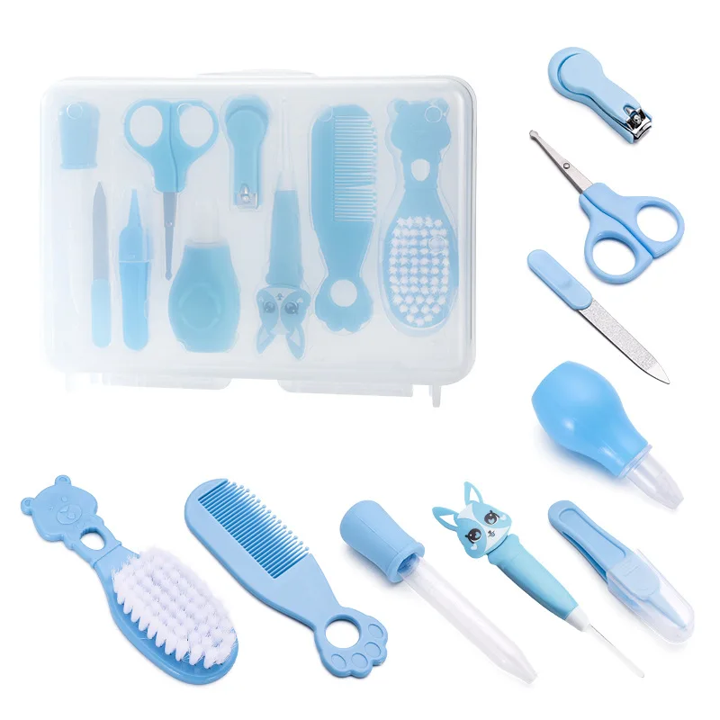 Kit soins bébé 9 pièces coupeongles brosse dentipeigne organisateur bleu motifs animaux