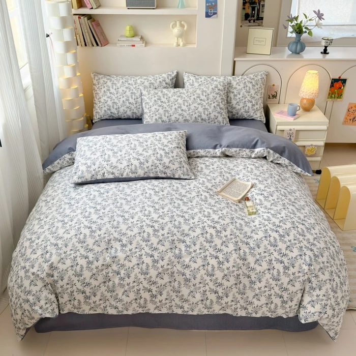 Parure de lit 4 pièces 100% coton couette housse oreiller drap design floral cartoon minimaliste doux et confo