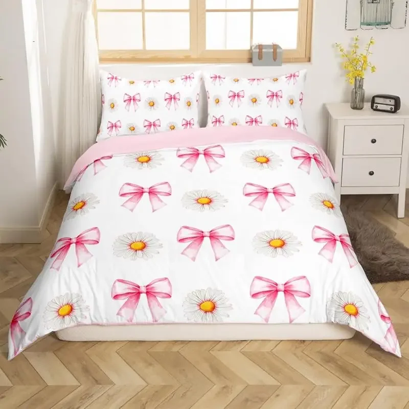 Ensemble literie princesse nœud rose housse couette oreillers enfants chambre fille déco fleurs motifs