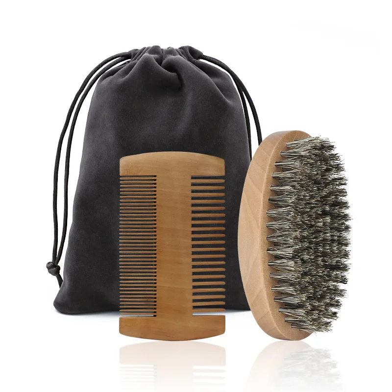 Kit de soins de barbe 4 en 1 Peigne en bois et brosse en soie Sac de rangement Idéal pour hommes Voyage Pratiq