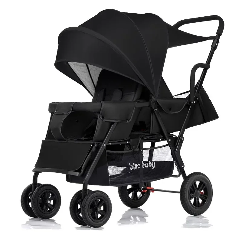 Poussette bébé élégante en aluminium et polyester noire canopy rétractable panier pliable moderne sécuritaire 