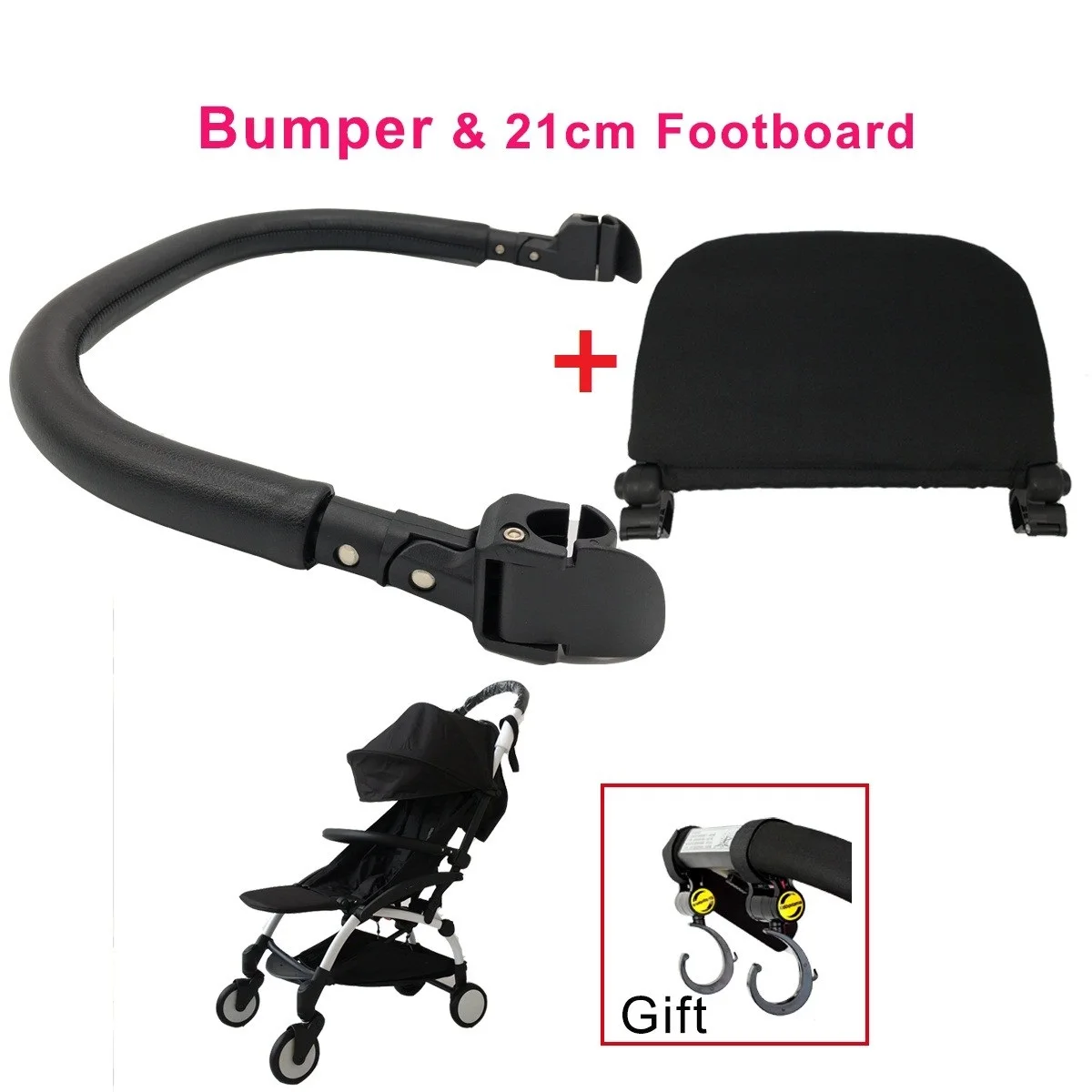 Accessoires poussette bébé bumper reposepieds crochet fixation clips plastique lisse tissu noir style moderne 