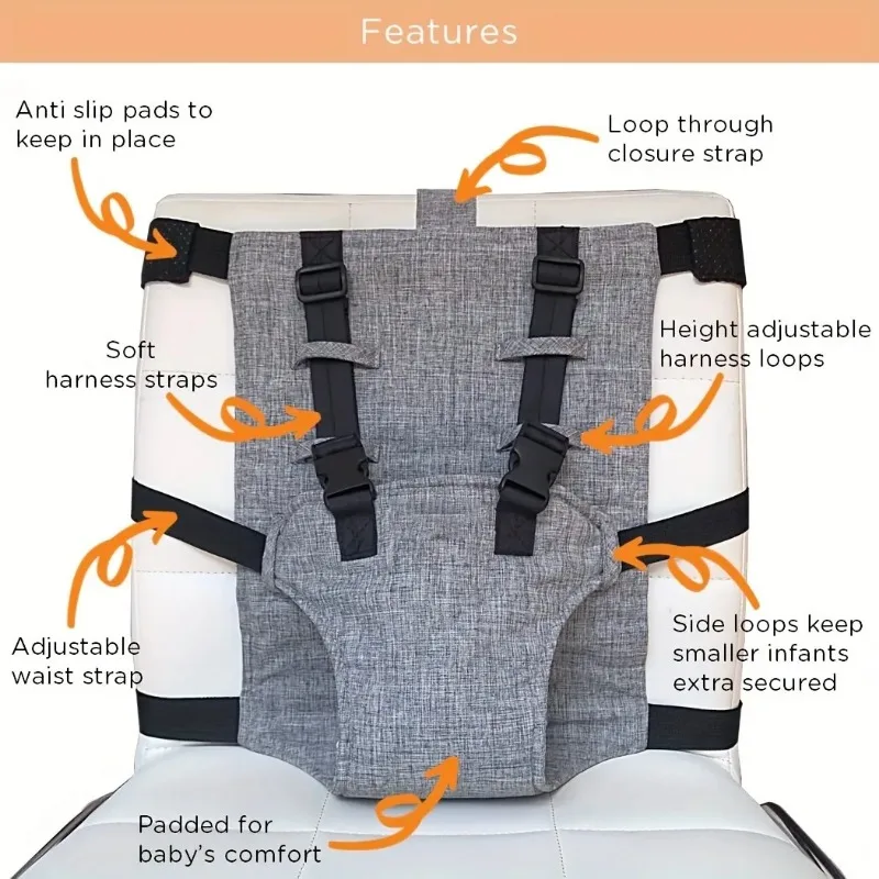 Rehausseur bébé ajustable en tissu gris pour chaise salle à manger harnais de sécurité réglable protection ant