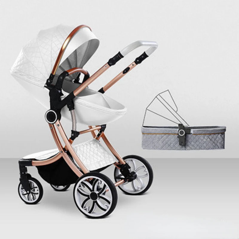 Poussette bébé 2 en 1 convertible landau haute paysage aluminium PU roues tissu coton panier pliable