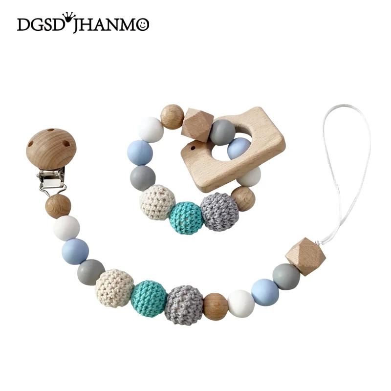 Accessoire bébé clip poussette hochet dentition silicone bois perles