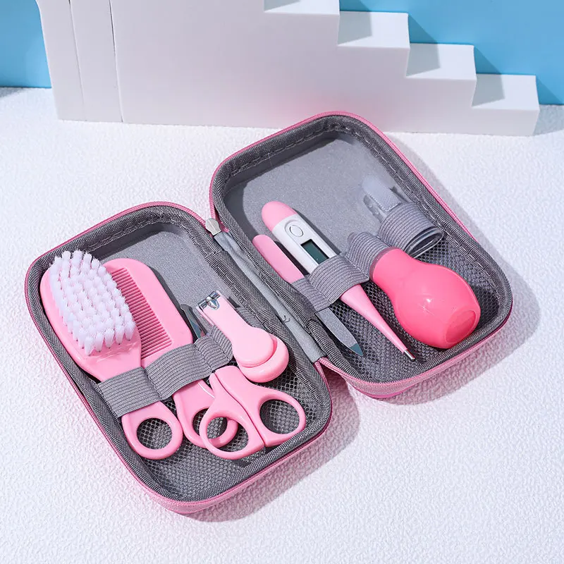 Kit soins bébé portable 8 pièces Coupeongles brosse à cheveux thermomètre sac EVA Design épuré Pratique et séc