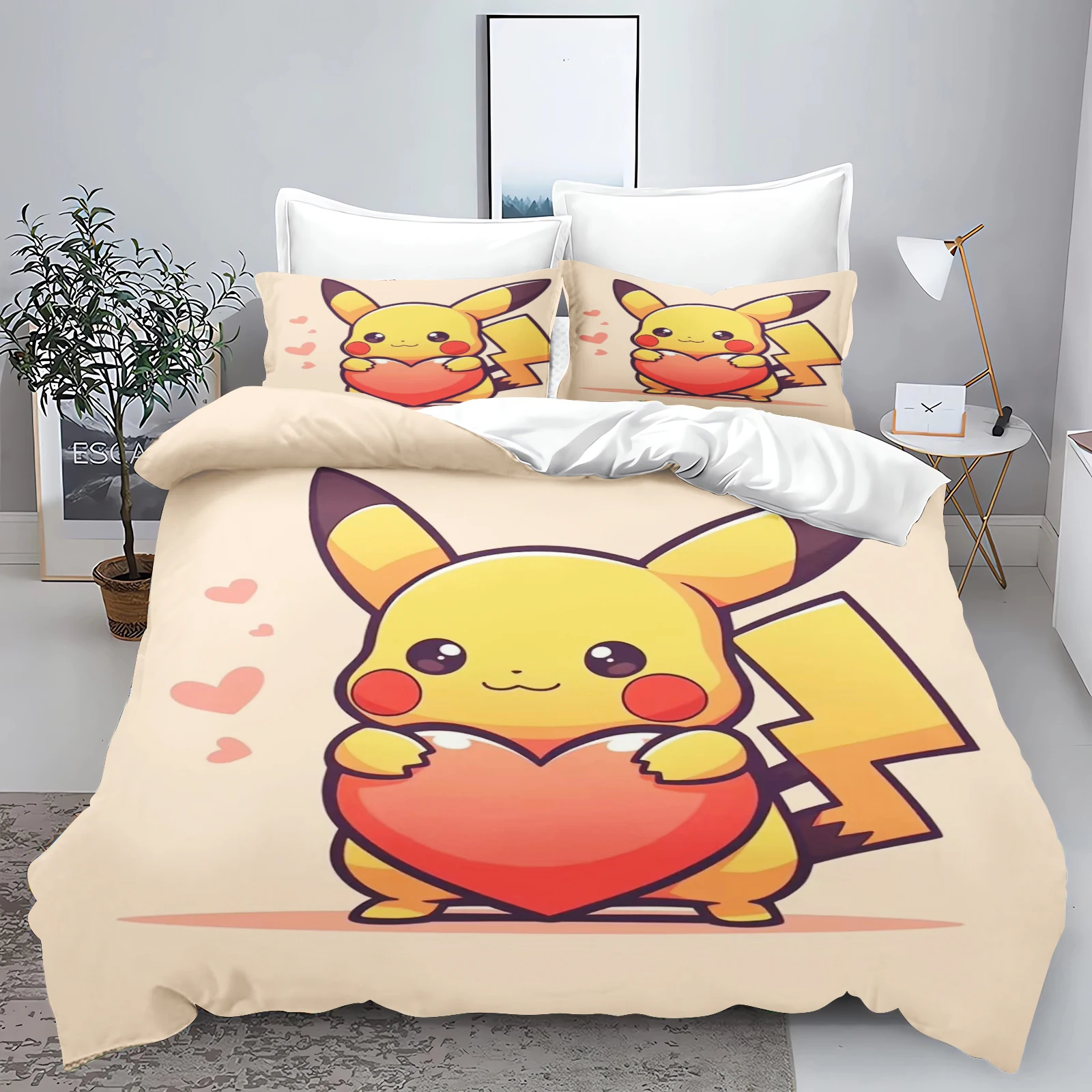 Parure de lit Pokémon Pikachu cœur housse de couette et oreillers design cartoon lit standard chambre enfant o