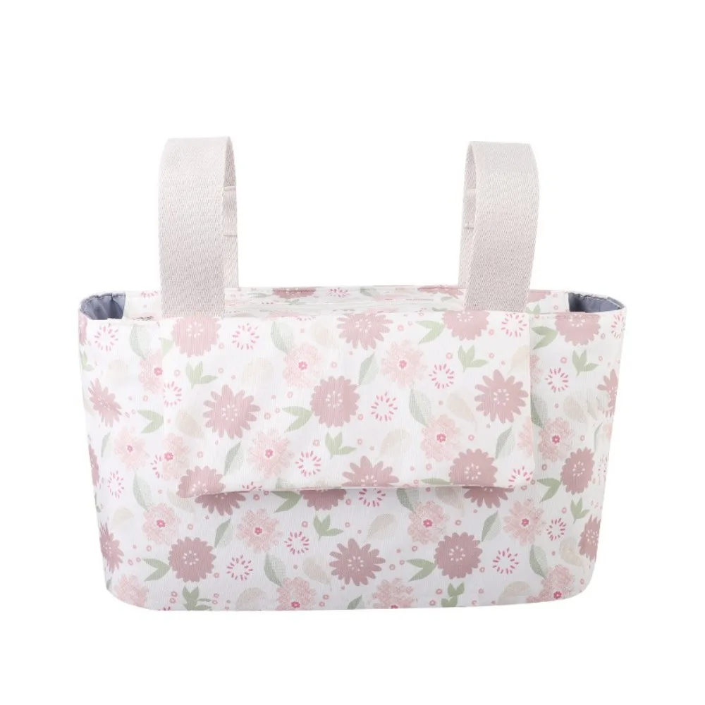 Sac de poussette en tissu Oxford grand compartiments suspendu à bouton magnétique design floral rangement bébé