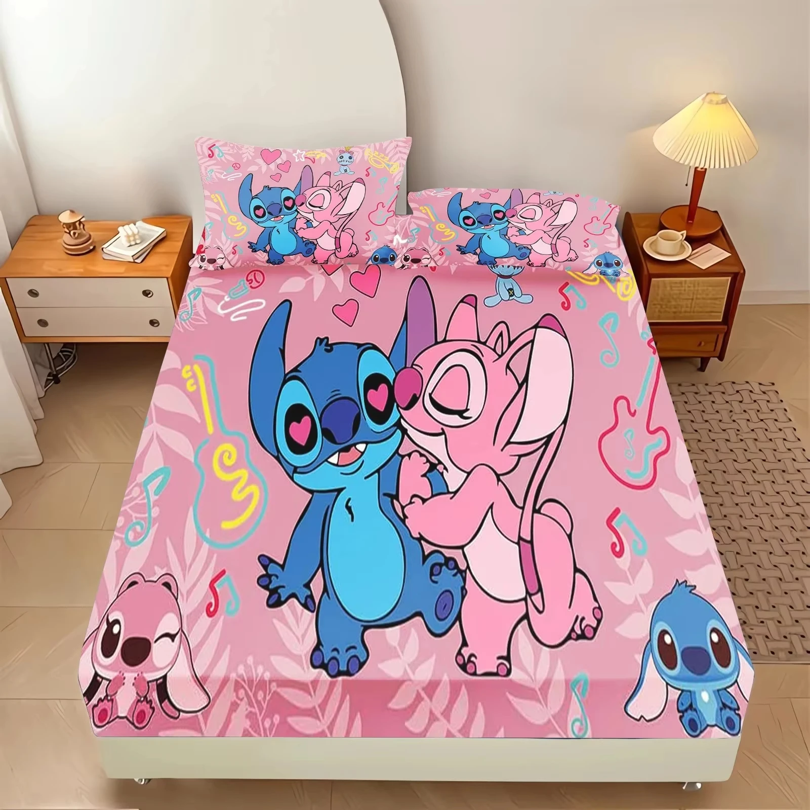 Ensemble literie bébé Stitch housse de couette cartonne pastel rose bleu vif 2 taies oreiller design enfant 3