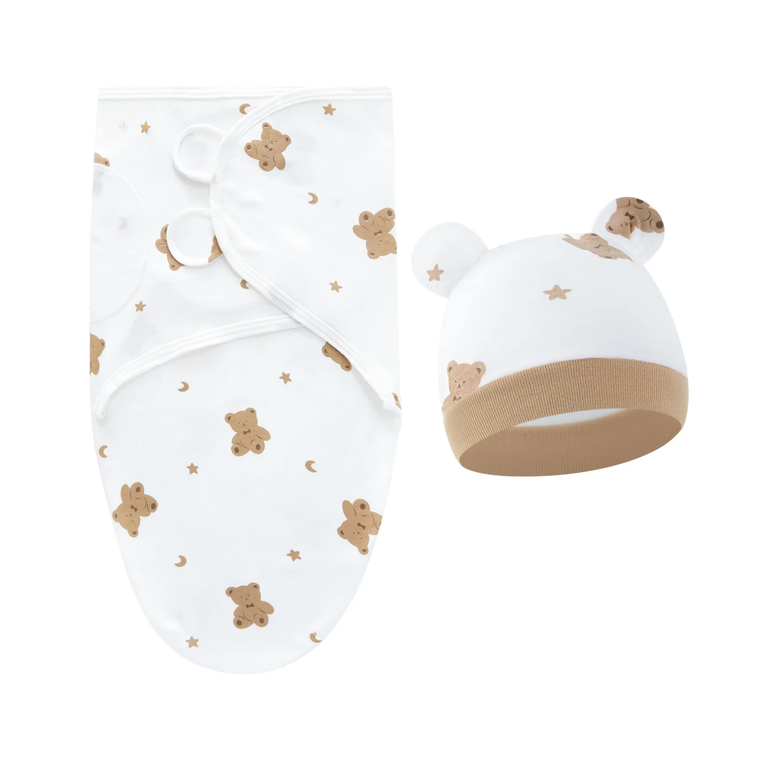 Ensemble emmaillotage et bonnet bébé doux coton nouveauné couverture peluche étoiles blanc beige