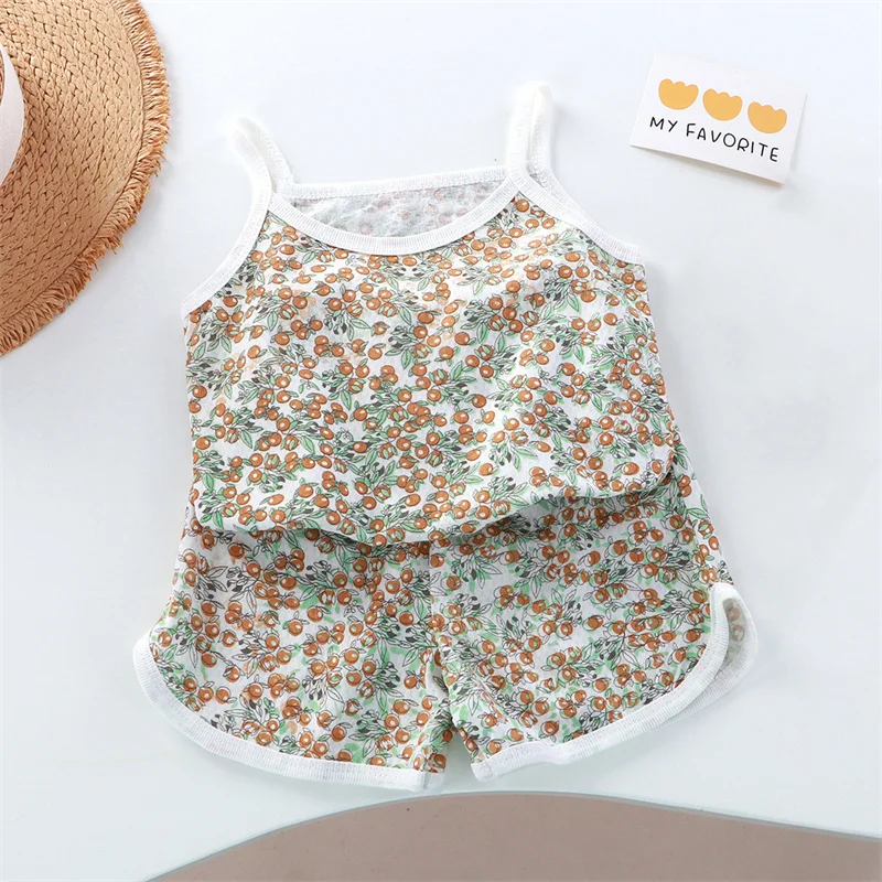 Ensemble Été Bébé Fille Robe à Bretelles Floral Coton Accessoires bébé