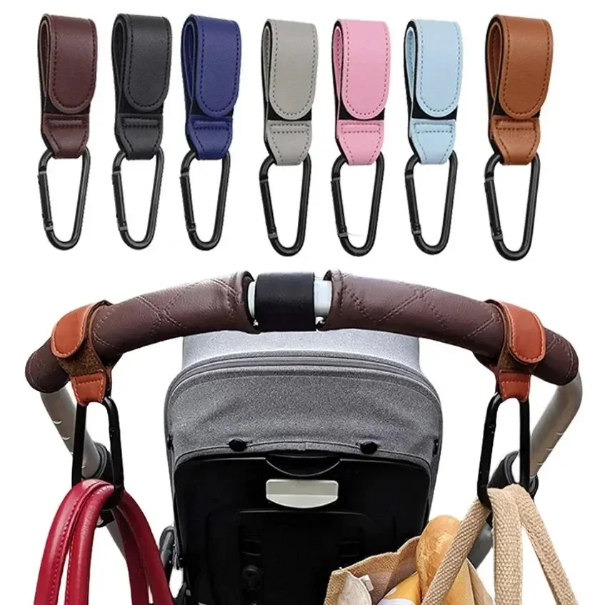 Crochets poussette cuir PU 2 pièces mousqueton réglable sac à langer accessoires voyage bébé couleurs multiple