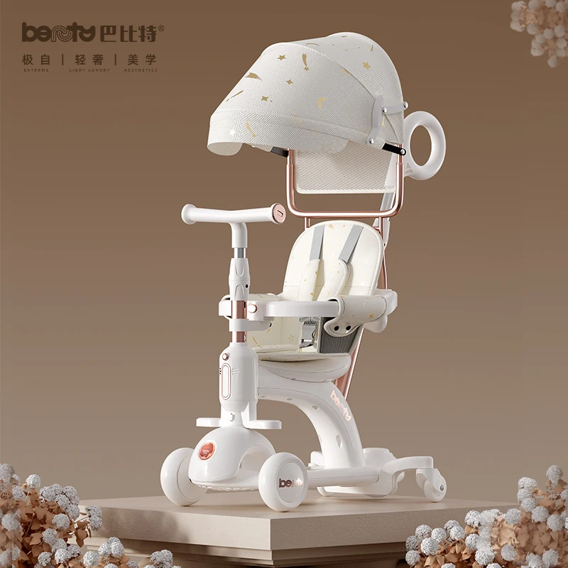 Poussette multifonctionnelle trottinette pour enfants extérieur rose or blanc