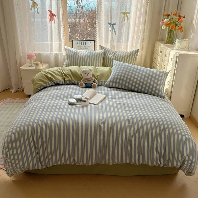 Parure de lit rayée INS nordique pour enfants drap housse 100% coton doux ensemble couette taie d'oreiller acc