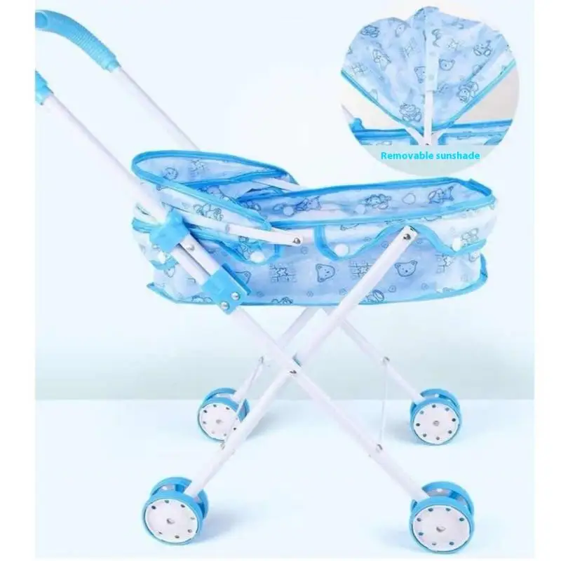 Poussette pour poupée en métal et tissu bleu amovible pour enfants 612