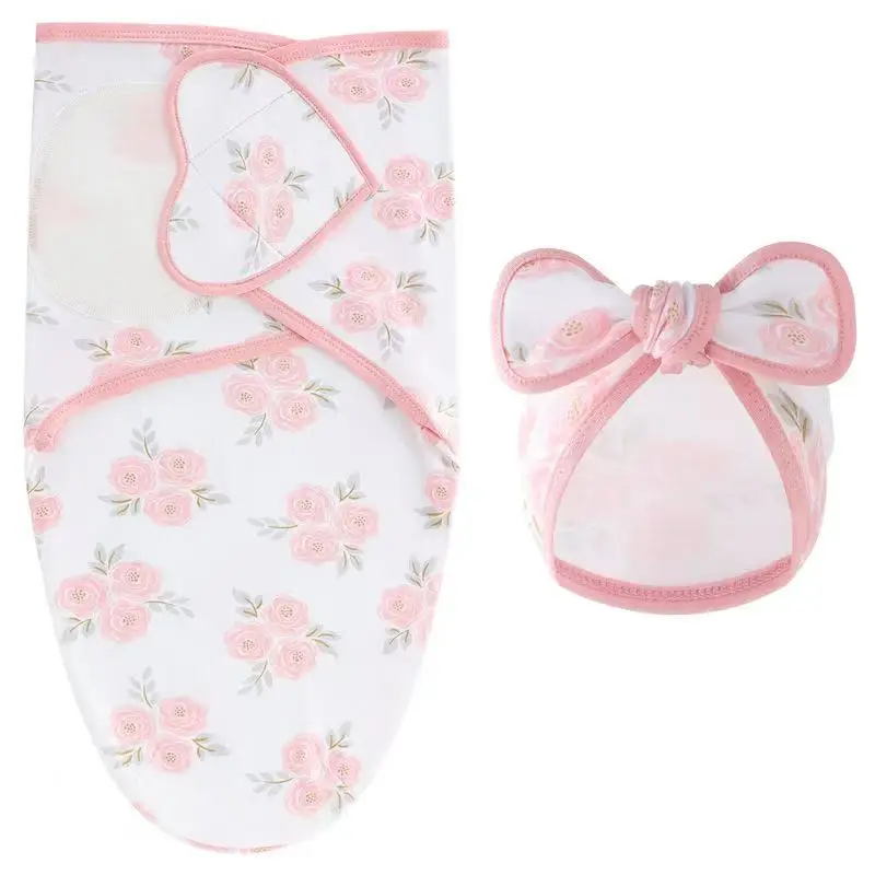 Ensemble couverture et chapeau bébé 06 mois coton imprimé animal emmaillotage réglable enveloppes de couchage 