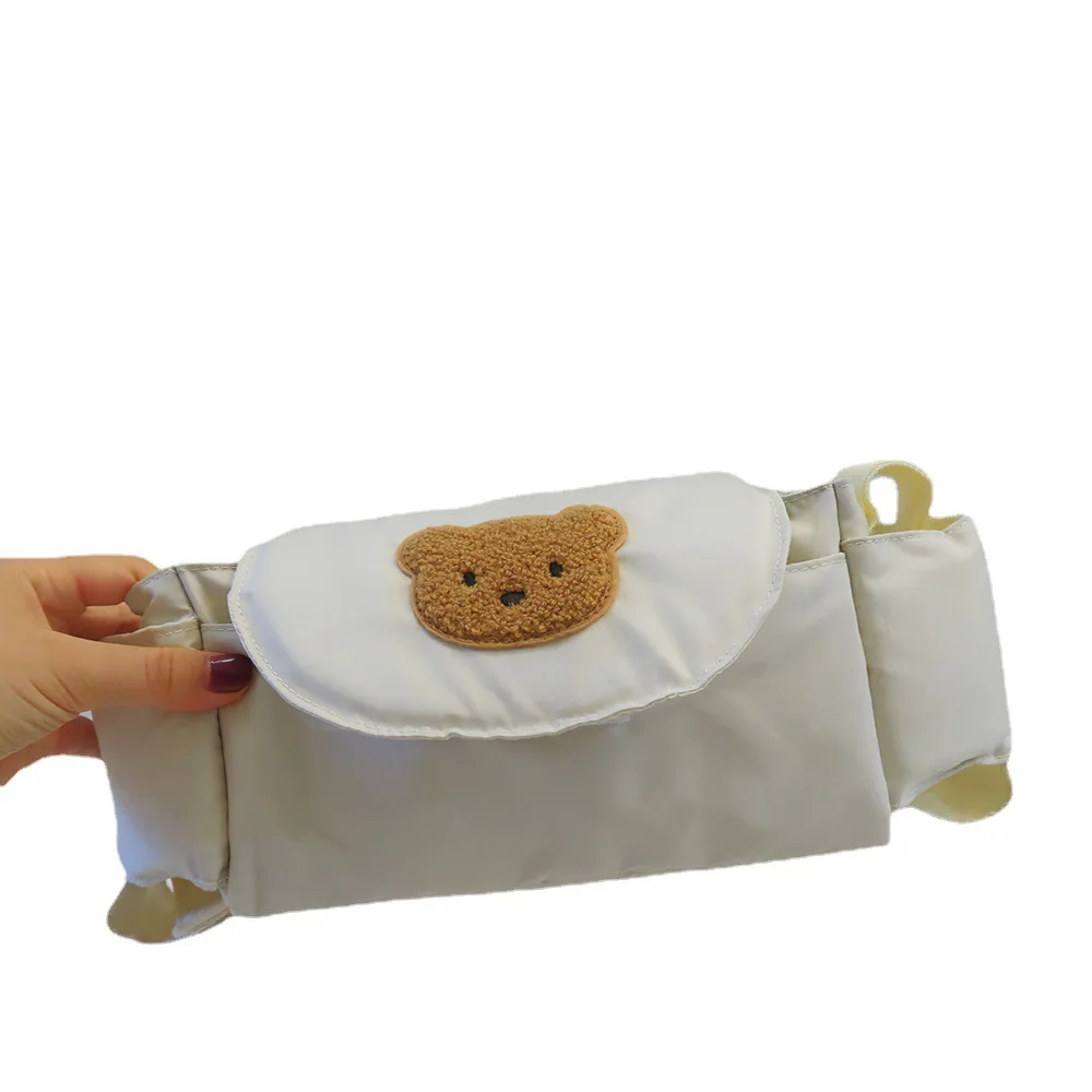 Sac de rangement pour poussette bébé sac à langer portable tissu doux appliqué tête d'ours beige clair design 