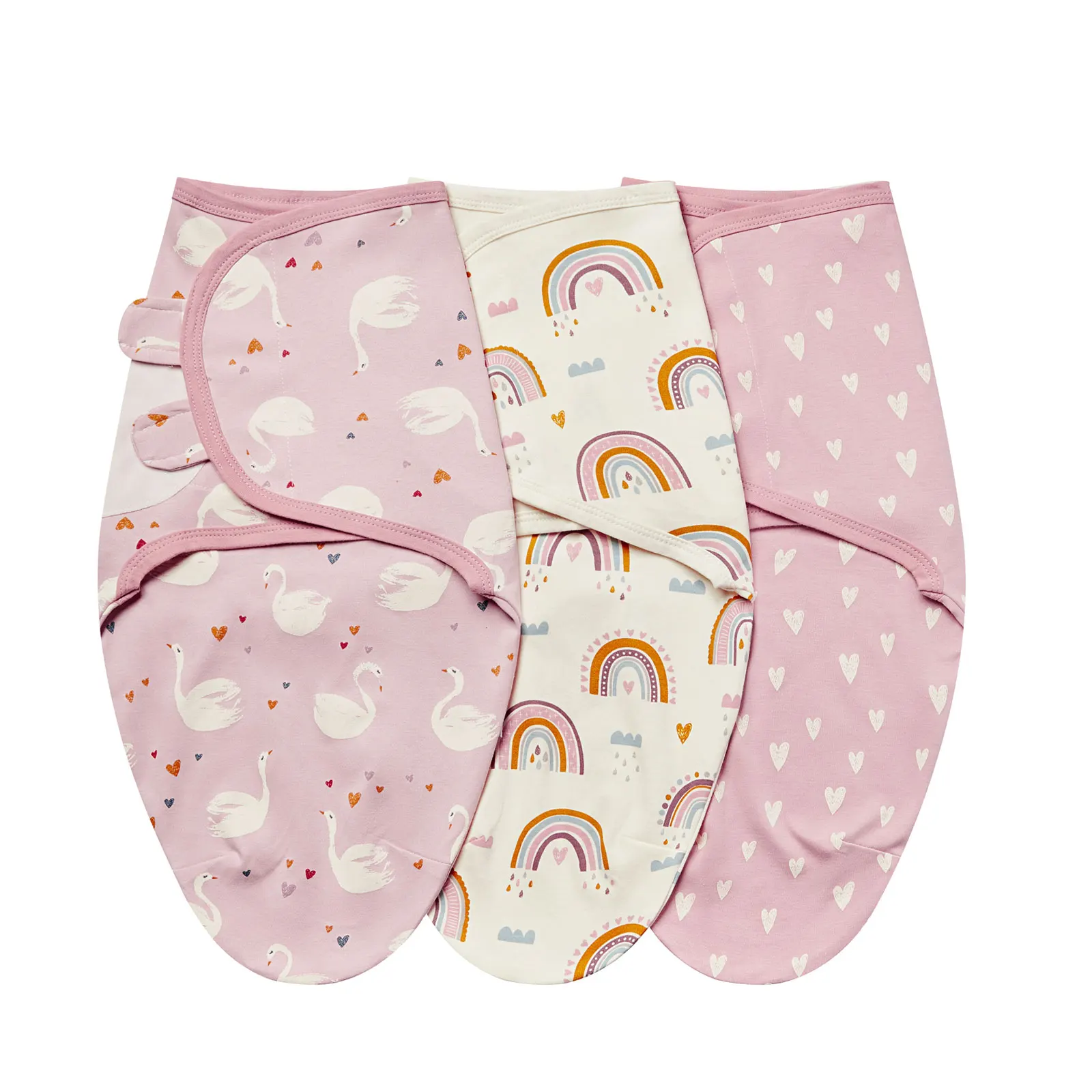 Sac de Couchage pour NouveauNé 3 Pièces Motifs Cygne et Cœur 100% Coton Doux Couverture de Sommeil Saison Auto