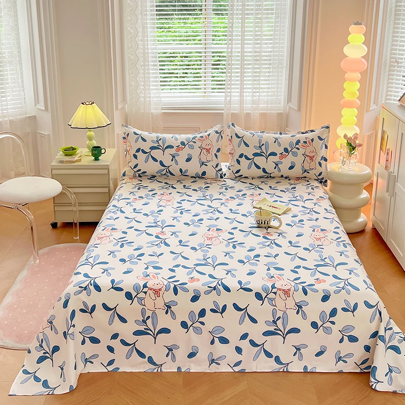 Parure de lit enfant housse de couette et taies d'oreiller motif floral bleu et lapin rose literie confortable