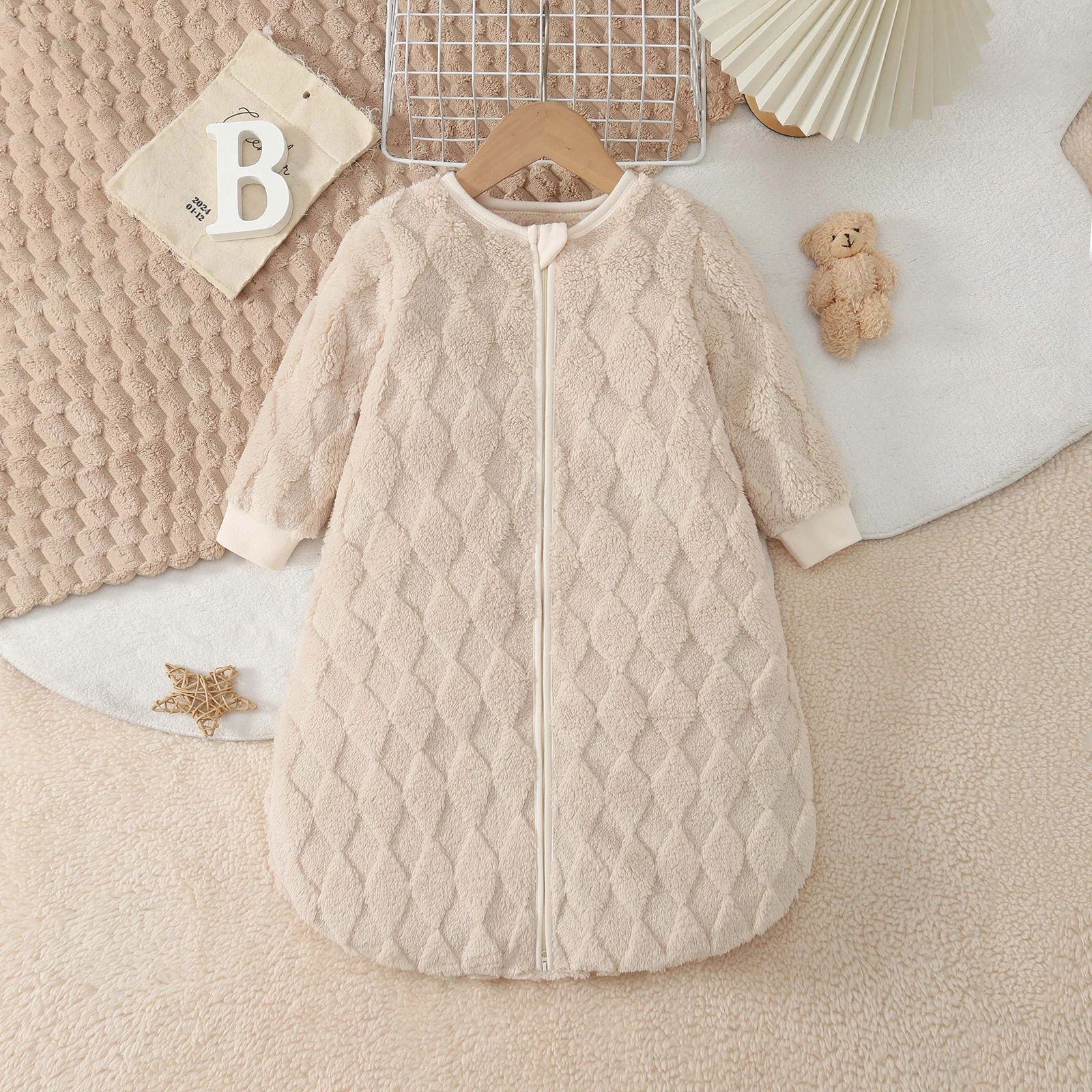Sac de couchage bébé manches longues doux peluche jacquard diamant hiver 012 mois sécurité confort