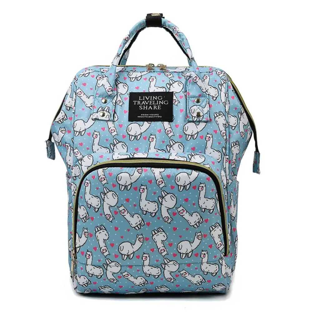 Sac à langer multifonction poussette grande capacité style sac momie bleu lama motifs cœur