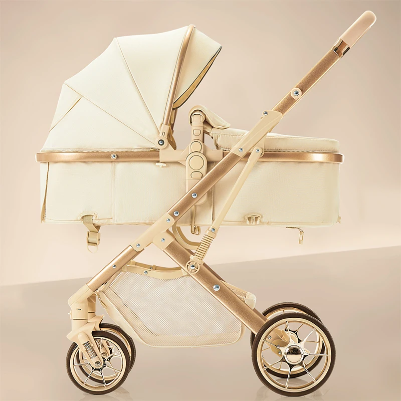 Poussette bébé landau haute qualité tissu doux aluminium roues plastique couleur beige doré pliable 06 ans