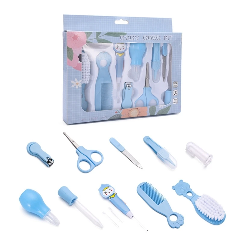 Kit soins bébé naissance 10 pièces brosse ciseaux tondeuse nail clippers aspirateur nasal thermomètre bébé 06 