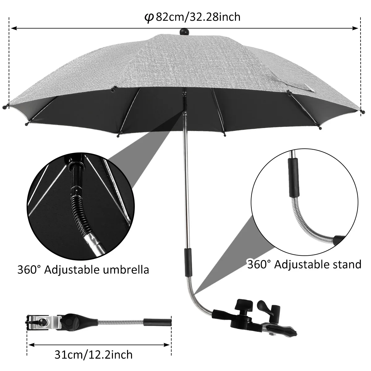 Parasol de plage portable ajustable 360° imperméable clip UV400 82cm aluminium gris