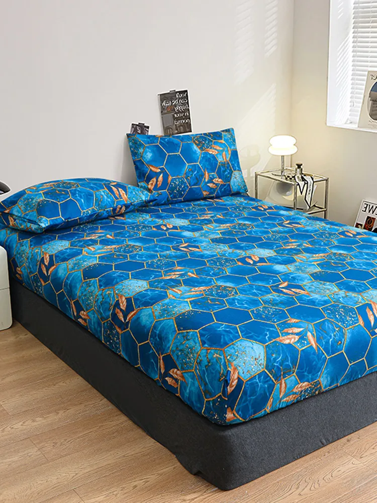 Duvet cover polyester imprimé motifs hexagonaux bleu doré housse de couette moderne protègematelas respirant t