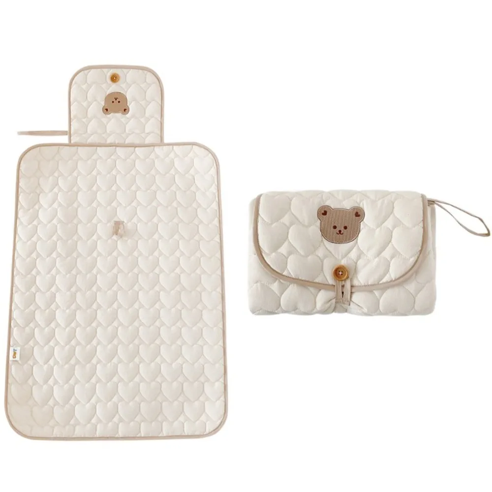 Tapis à langer portable en polyester doux pliable avec housse ours pour bébé idéal pour sorties changeuses et